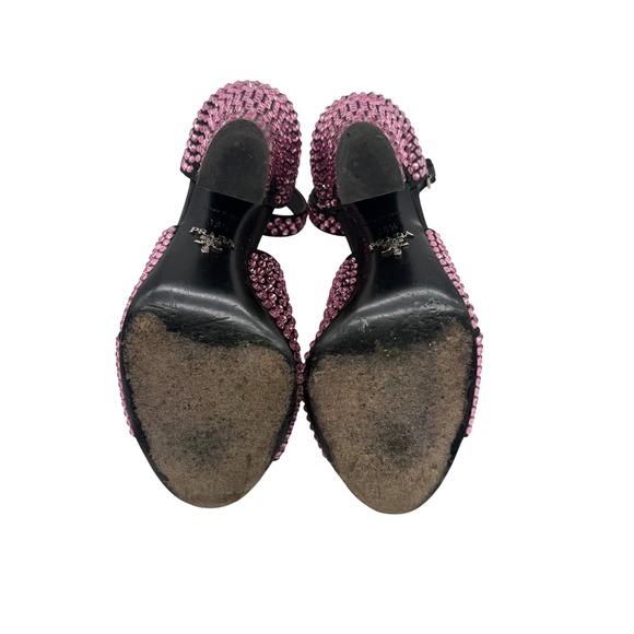 Prada Embellished Crystal Ankle Strap Block Heel Sandals Pink Women's Shoes 38.5 - Picture 8 of 9